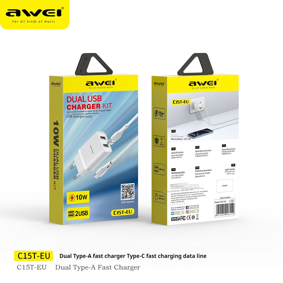 AWEI C15T Dual USB Charging Head, Type-C Cable Kit 1m