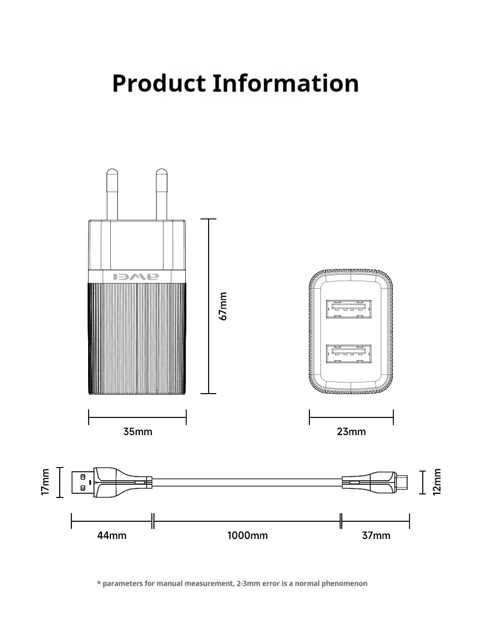 AWEI C15T Dual USB Charging Head, Type-C Cable Kit 1m